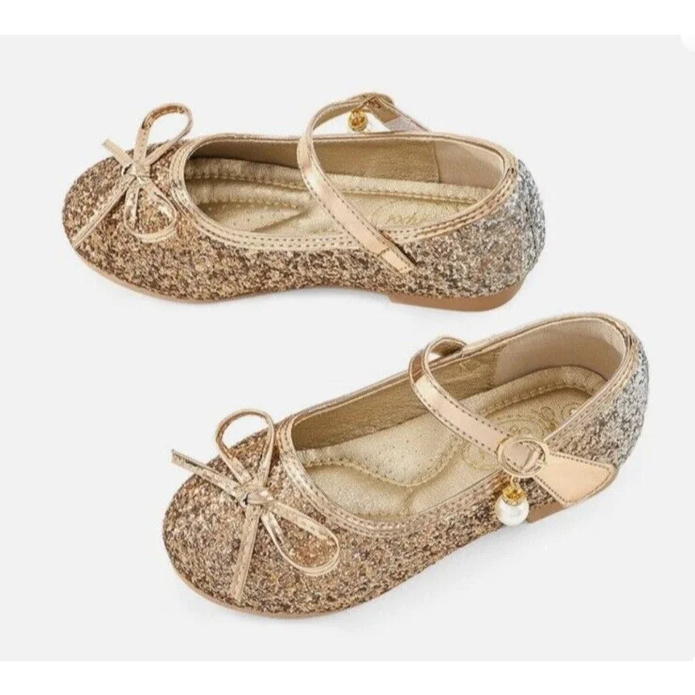 Girls Kids Flat Dress Shoes Size 9 Golden Shiny Princess Wedding Party Beaded
